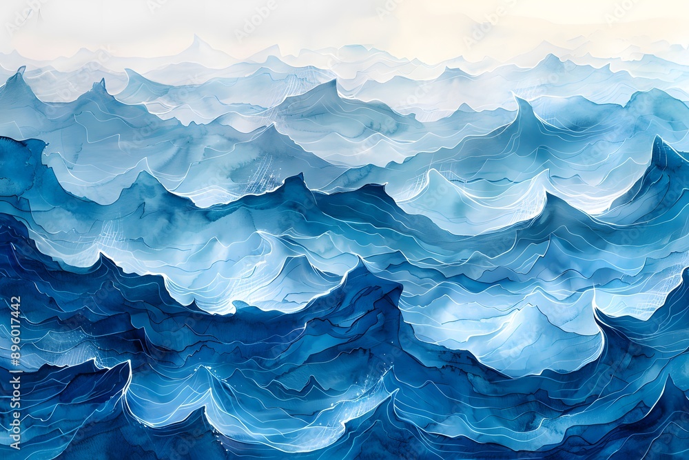 Obraz premium Serene Blue Waves: A Beautiful Watercolor Ocean Landscape