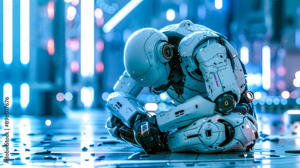 Fototapeta premium Futuristic robot experiencing sadness in urban environment