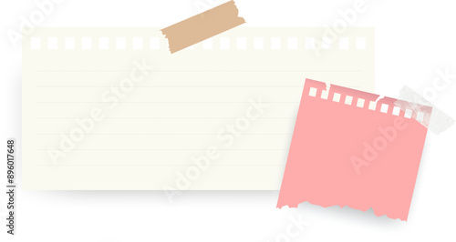 Paper notes, notebook pages, stickers and photo card frame. Paper notes with transparent adhesive tape and paper clip. Vector EPS 10