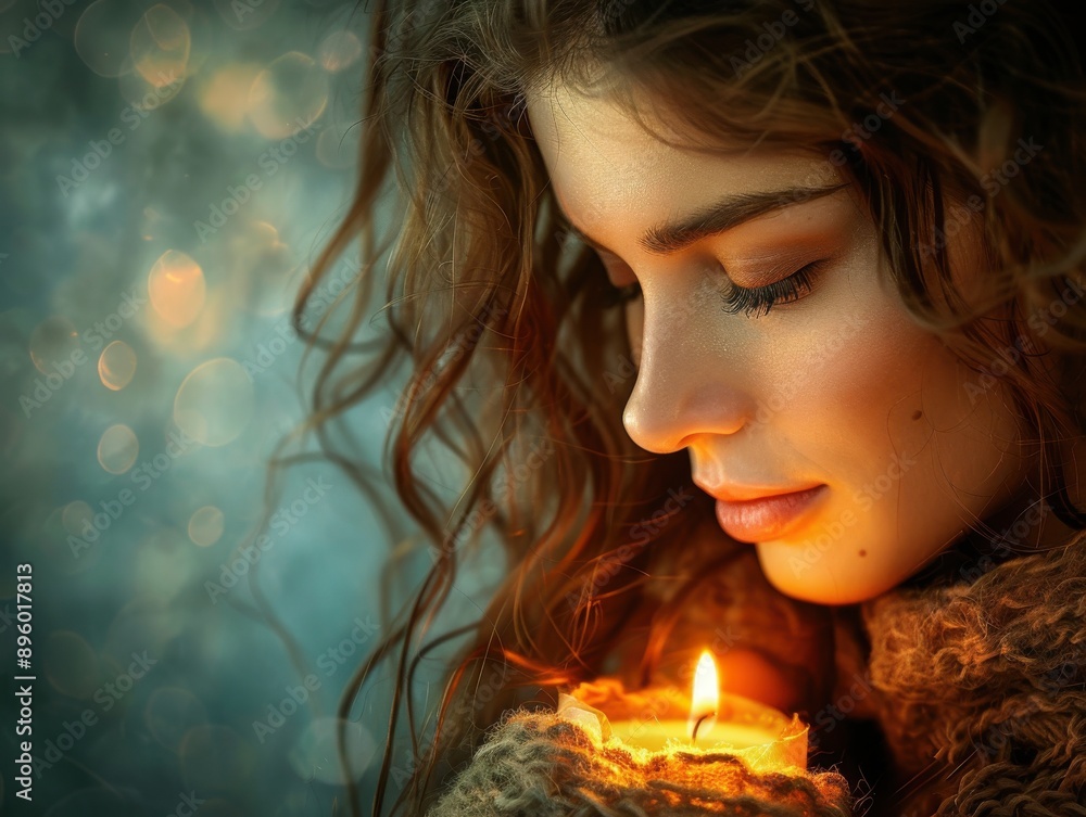Woman peacefully holding a glowing candle, her face and hair softly lit by its light. Woman peacefully holding a glowing candle, her face and hair softly lit by its light.
