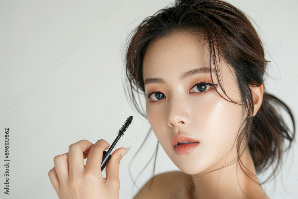 Fototapeta premium 4 A 20-year-old Korean model with a perfect cat-eye eyeliner look, holding mascara, solid background, studio lighting,
