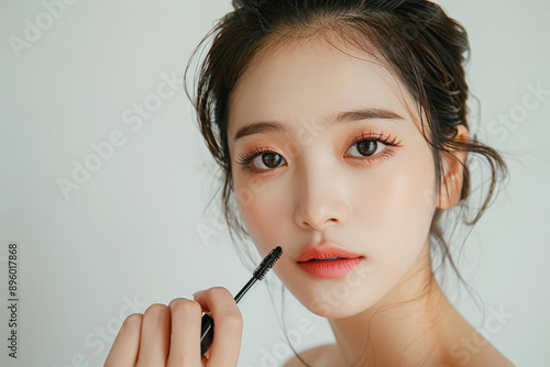 4 A 20-year-old Korean model with a perfect cat-eye eyeliner look, holding mascara, solid background, studio lighting,