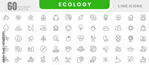 Energy and Ecology icon set. Planet care, natural recycling power, renewable energy, solar cells, environment, green technology, nature, recycle, water, hydroelectric green icon pack. Outline icon set