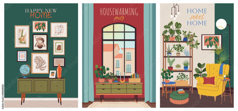 Housewarming party invitation or greeting card set. Living room interior scene, furniture in mid-century modern style. New home, place to live in celebration. Flat postcard, banner vector illustration Housewarming party invitation or greeting card set. Living room interior scene, furniture in mid-century modern style. New home, place to live in celebration. Flat postcard, banner vector illustration