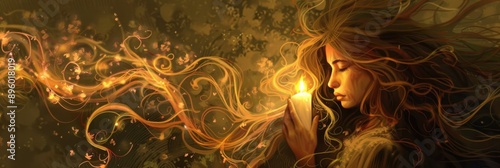 Serene woman with glowing candle, soft light highlighting her delicate features and flowing hair.