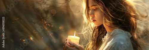 Serene woman with glowing candle, illuminating delicate features and flowing hair.
