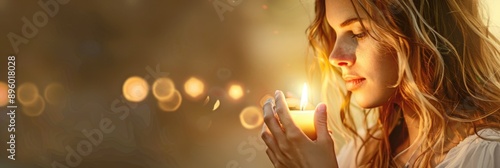 Serene woman cradles a glowing candle, illuminating her tranquil expression and soft, cascading hair.