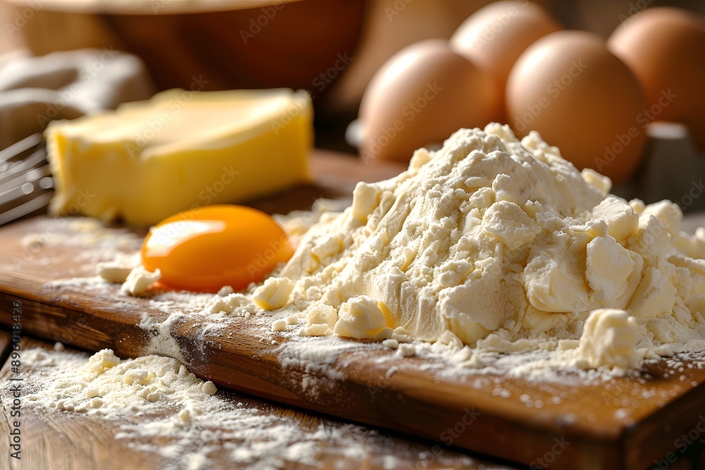 Ingredients for Baking: Flour, Eggs, and Butter Ready for Preparation Ingredients for Baking: Flour, Eggs, and Butter Ready for Preparation