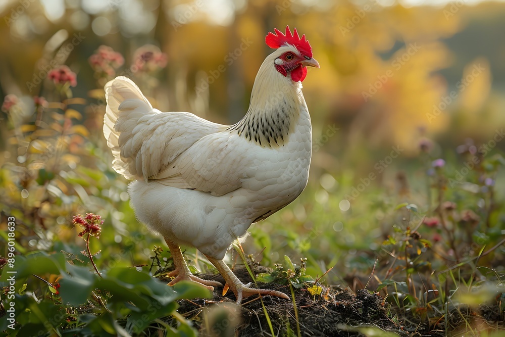Fototapeta premium Majestic White Hen in a Sunlit Meadow