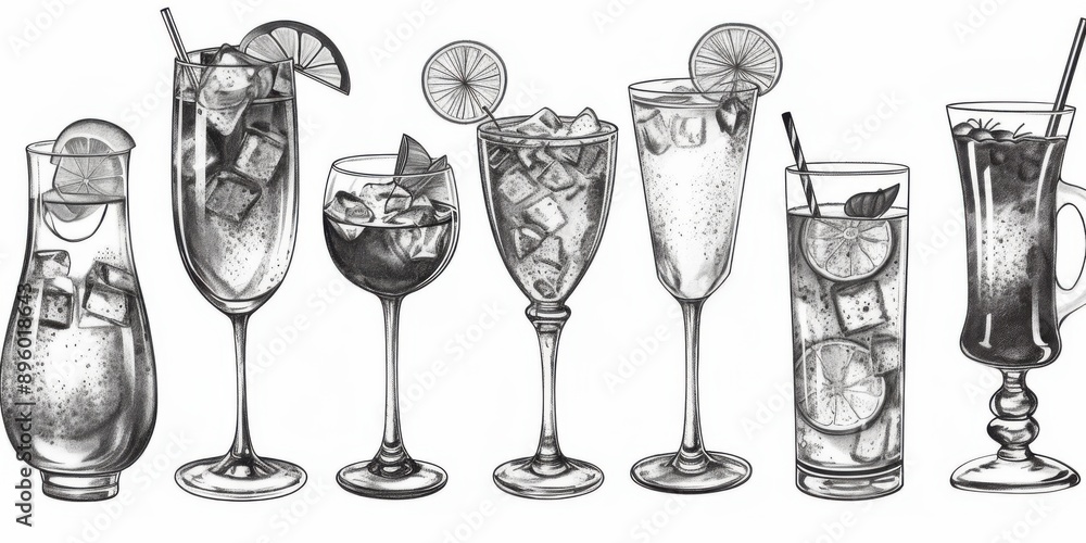 Black and white Vintage engraved art of set of cocktails isolated on ...