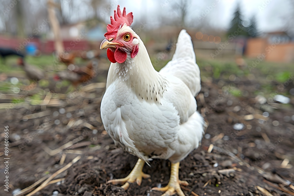 Fototapeta premium A Majestic White Hen Standing Proudly in a Farmyard Setting