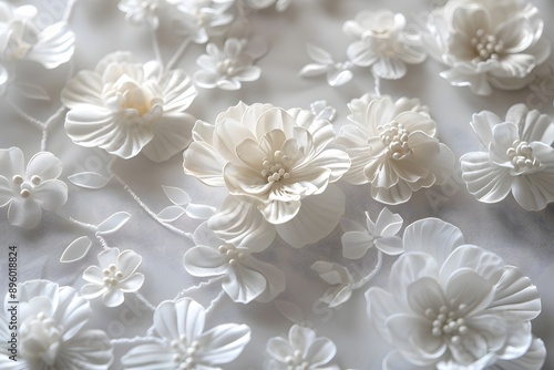 Elegant White Floral Embroidery Design with Delicate Petals and Intricate Details