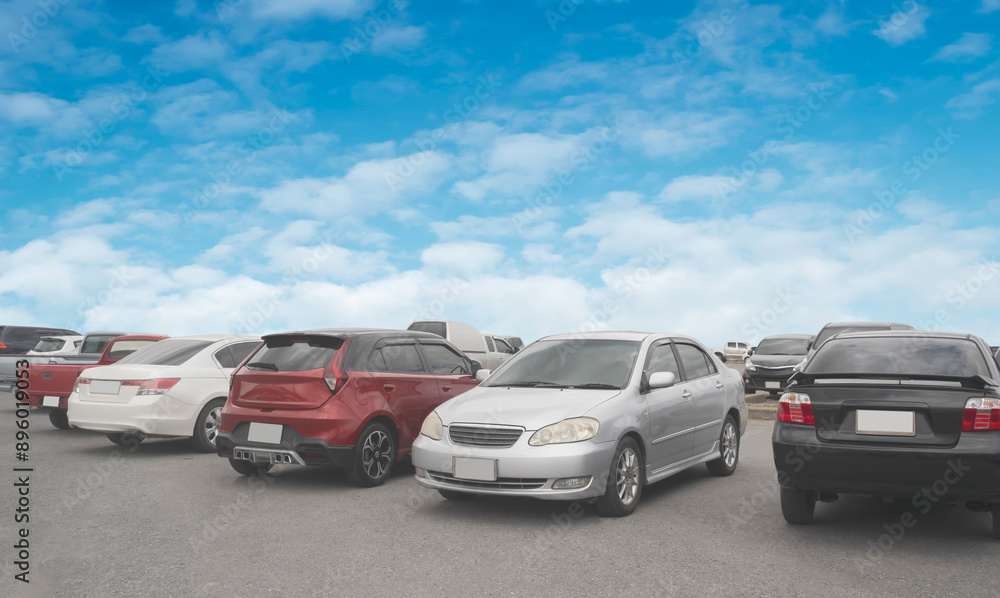Car in stock for sale inventory. Car park outdoor in a row, automobile transportation dealer business concept Car in stock for sale inventory. Car park outdoor in a row, automobile transportation dealer business concept