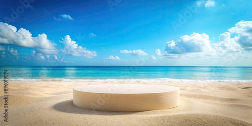 Beach podium with sand, sea, and blue sky background for summer product showcase, beach, podium, summer, sand, sea