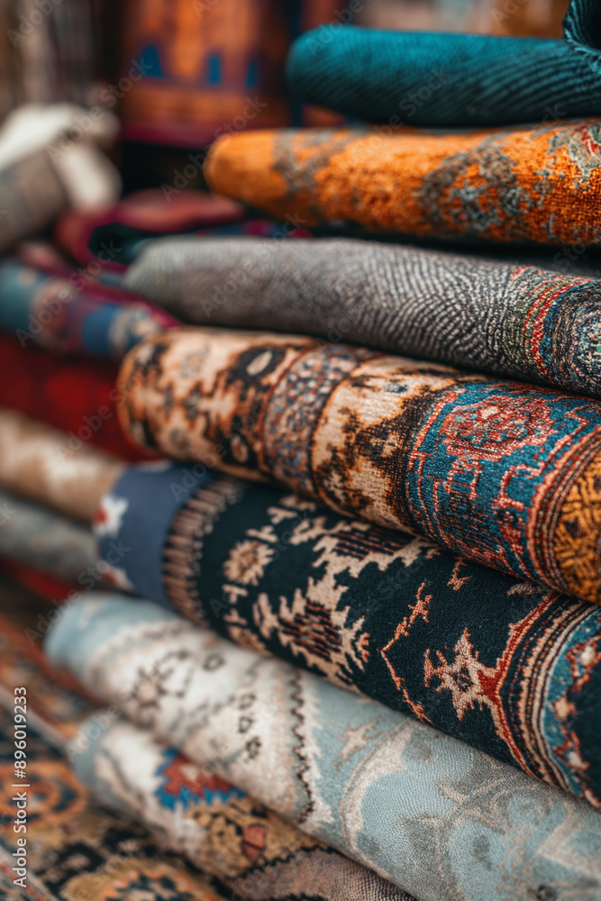 Traditional Stack of Vibrant Woven Rugs Displaying Intricate Patterns and Rich Colors Traditional Stack of Vibrant Woven Rugs Displaying Intricate Patterns and Rich Colors