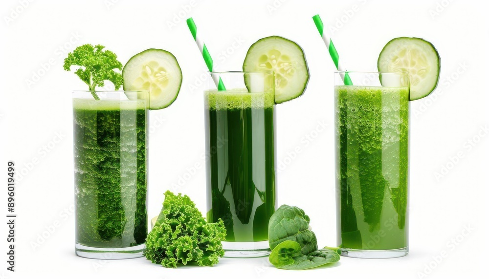 Green juice variety, kale, cucumber, spinach, healthy refreshment, Watercolor style Green juice variety, kale, cucumber, spinach, healthy refreshment, Watercolor style