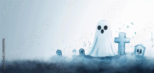 Ghostly figure, misty graveyard, moonlit night, watercolor style