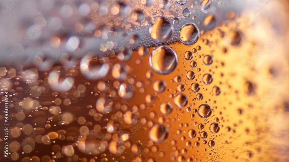 A close-up shot of a beer glass, capturing the delicate details of the foam's bubbles, the condensation droplets A close-up shot of a beer glass, capturing the delicate details of the foam's bubbles, the condensation droplets