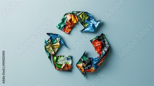 A close-up photo of a recycling symbol made out of various recycled materials