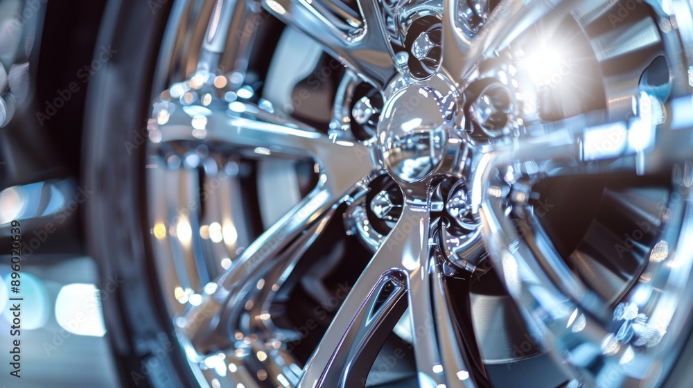 Shiny chrome alloy wheel reflecting light with intricate details, perfect for showcasing speed and style in a modern garage or showroom setting