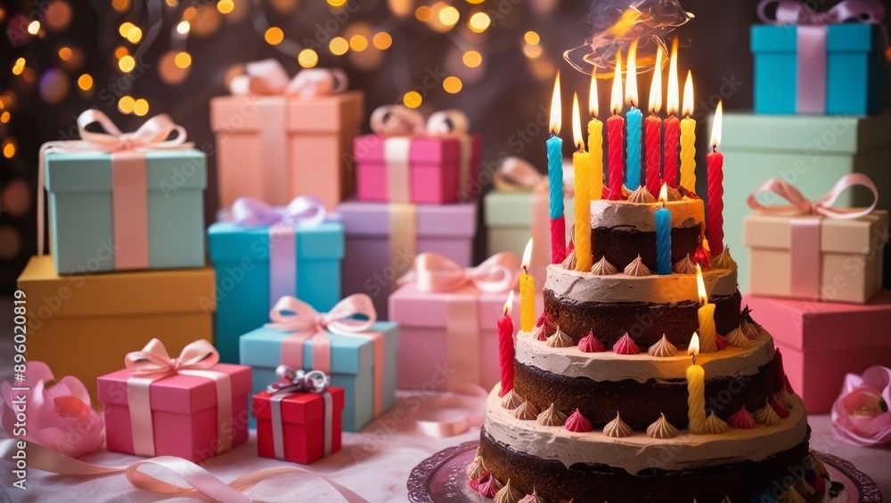 Chocolate birthday cake with burning candles at a celebration surrounded by gift boxes with bokeh lights in the background. Birthday,anniversary,holiday background Chocolate birthday cake with burning candles at a celebration surrounded by gift boxes with bokeh lights in the background. Birthday,anniversary,holiday background