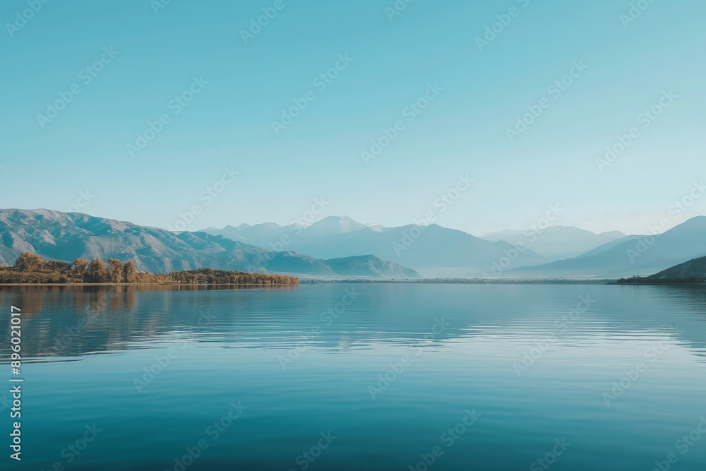Serene Mountain Lake with Clear Blue Sky and Reflections of Distant Hills Serene Mountain Lake with Clear Blue Sky and Reflections of Distant Hills