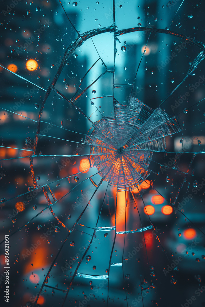 Cracked Window with City Lights in Background on Rainy Evening Cracked Window with City Lights in Background on Rainy Evening