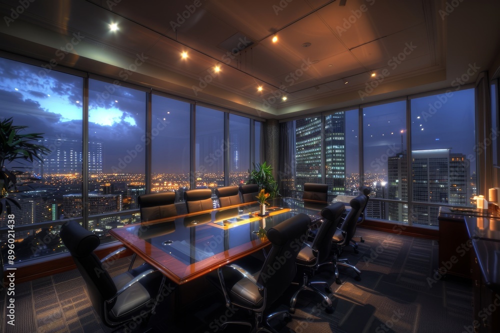 Modern conference room interior with city view. Modern conference room interior with city view.