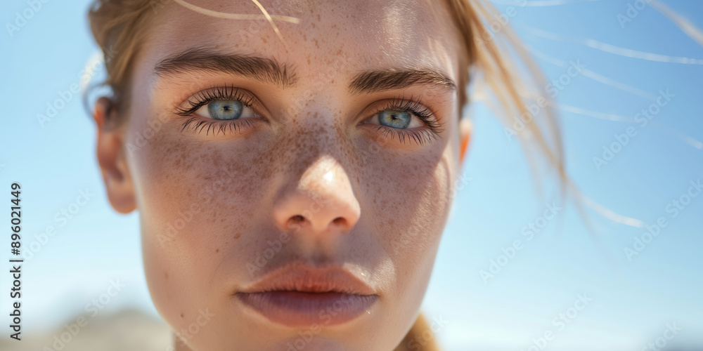 Close Up Portrait of Young Woman with Freckles and Blue Eyes in Natural Sunlight Close Up Portrait of Young Woman with Freckles and Blue Eyes in Natural Sunlight