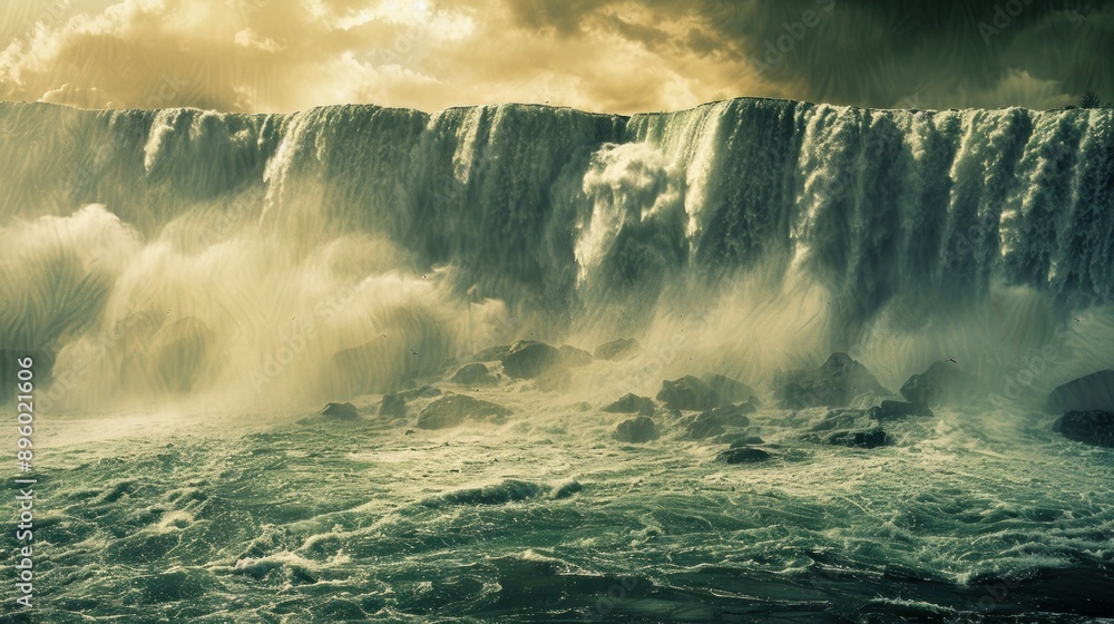 A dramatic portrayal of Niagara Falls in the midst of a raging storm, with powerful winds and torrential rain intensifying the spectacle of the falls. A dramatic portrayal of Niagara Falls in the midst of a raging storm, with powerful winds and torrential rain intensifying the spectacle of the falls.