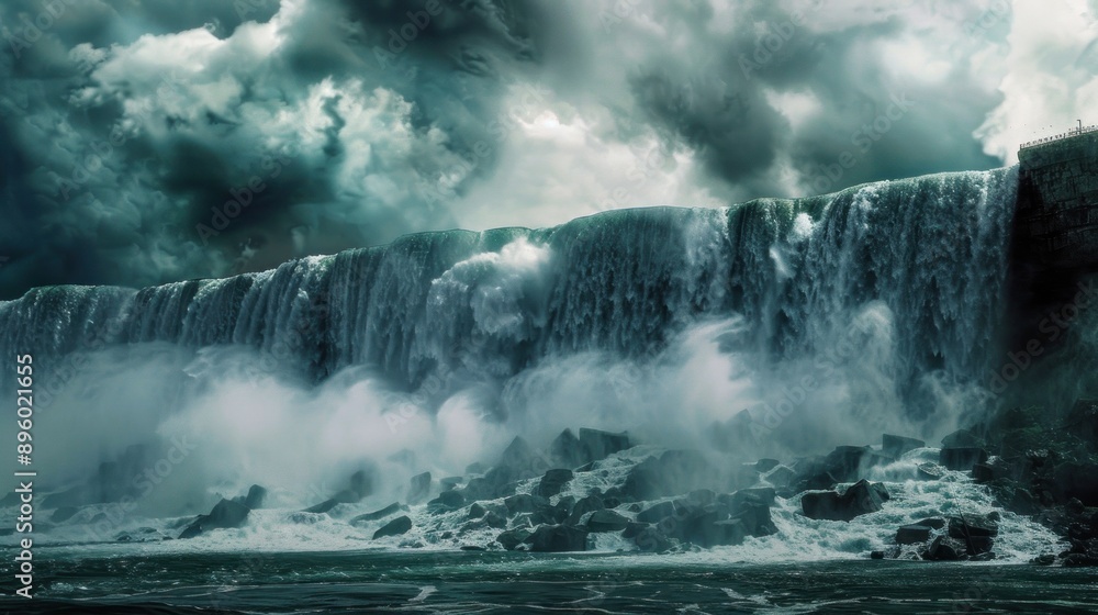 A dramatic portrayal of Niagara Falls in the midst of a raging storm, with powerful winds and torrential rain intensifying the spectacle of the falls. A dramatic portrayal of Niagara Falls in the midst of a raging storm, with powerful winds and torrential rain intensifying the spectacle of the falls.