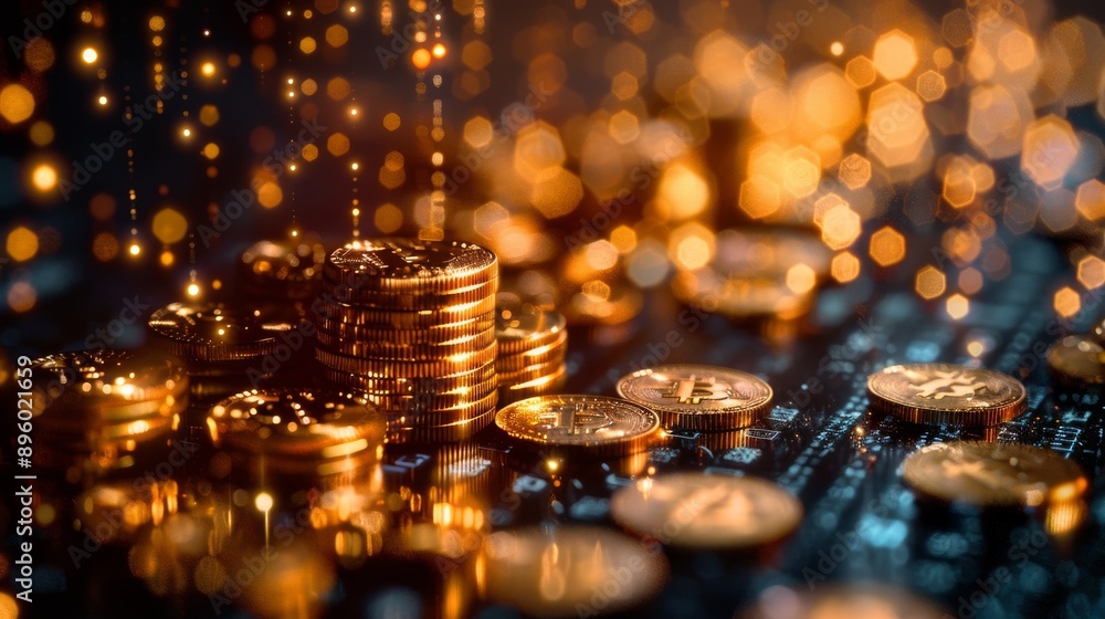 Raining Golden Coins and Binary Data in Digital Prosperity Concept Raining Golden Coins and Binary Data in Digital Prosperity Concept