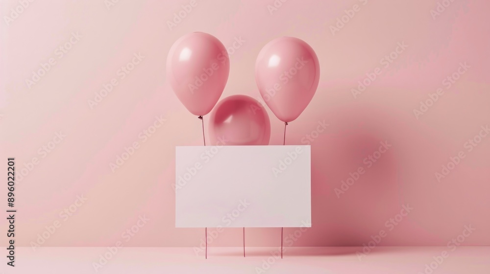 Three pink balloons floating over a blank canvas with copy space on a pink background
