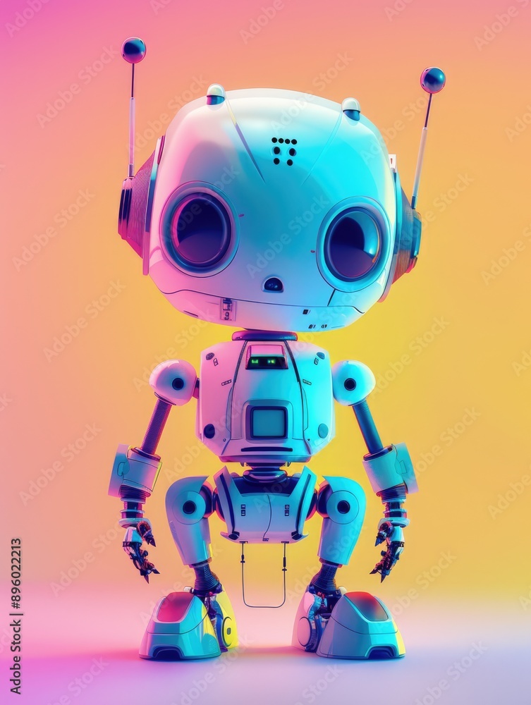 Naklejka premium Cute White Robot with Antennas Standing on a Gradient Background