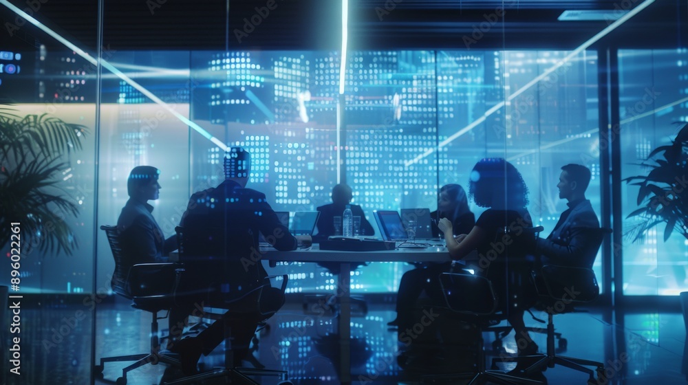 High-tech business meeting in a futuristic conference room. Silhouetted professionals discuss strategy under neon lighting. The room's design is modern and advanced with digital window displays. AI High-tech business meeting in a futuristic conference room. Silhouetted professionals discuss strategy under neon lighting. The room's design is modern and advanced with digital window displays. AI