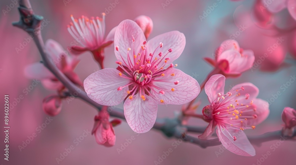 Macro shot of a pink cherry blossom in full bloom Macro shot of a pink cherry blossom in full bloom