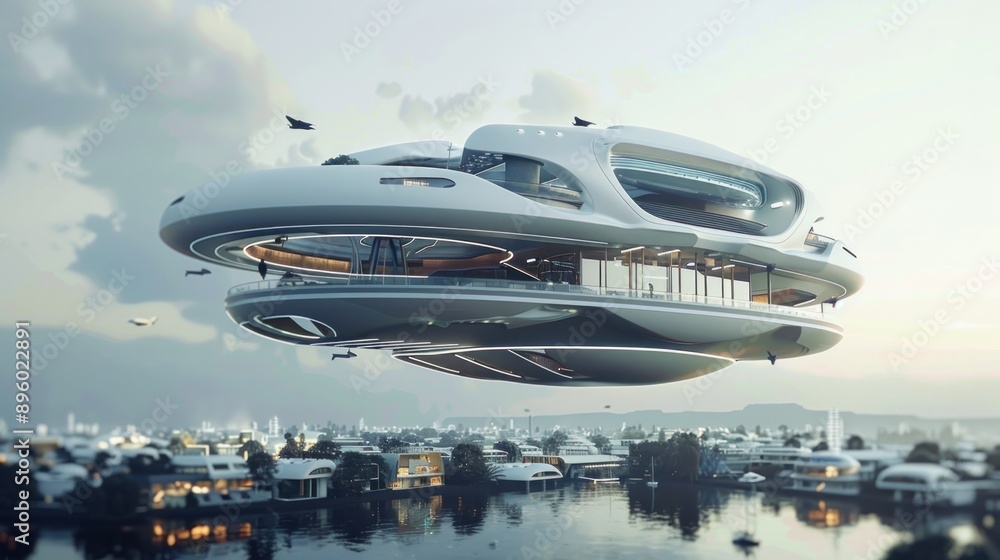 A futuristic hotel suspended amidst the urban landscape, its innovative design defying the laws of gravity A futuristic hotel suspended amidst the urban landscape, its innovative design defying the laws of gravity