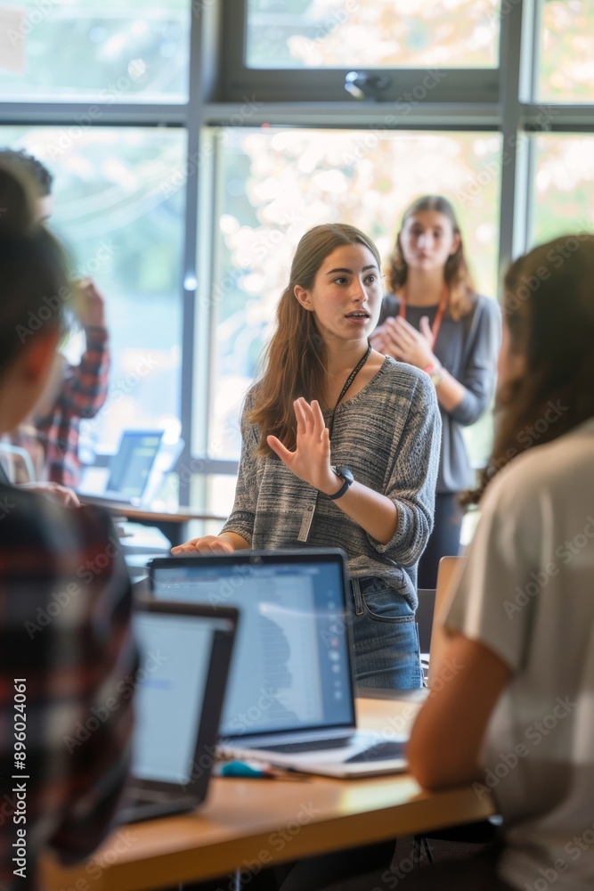 Female Programmer Explaining Coding to Tech Students in Bright Classroom Design for Learning Material Female Programmer Explaining Coding to Tech Students in Bright Classroom Design for Learning Material