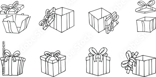 Set of Gift boxes with ribbon icon outline style. Surprising gift boxes collection, Prize simple drawing black line art isolated on transparent background.
