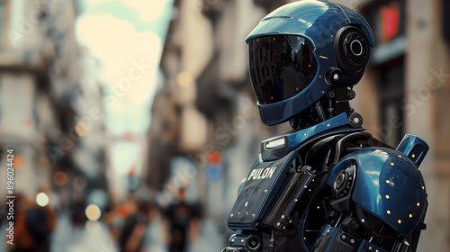 Robot policia en una calle concurrida de ciudad al anochecer © VicPhoto