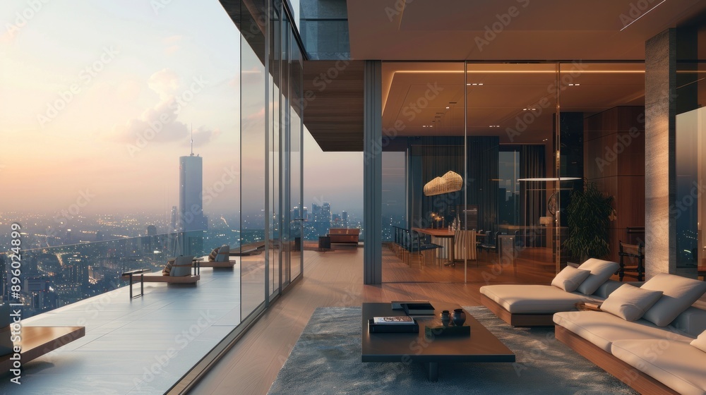 Fototapeta premium A luxurious penthouse apartment perched atop a towering skyscraper, offering panoramic views of the city skyline.