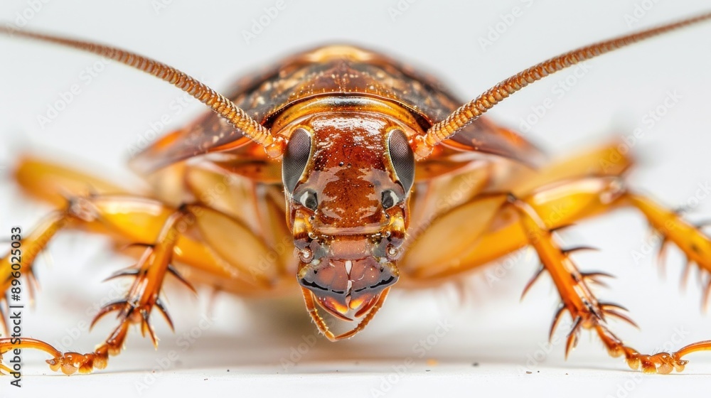 A macro shot of a cockroach's head, revealing its intricate compound eyes, antennae, and razor-sharp mandibles A macro shot of a cockroach's head, revealing its intricate compound eyes, antennae, and razor-sharp mandibles