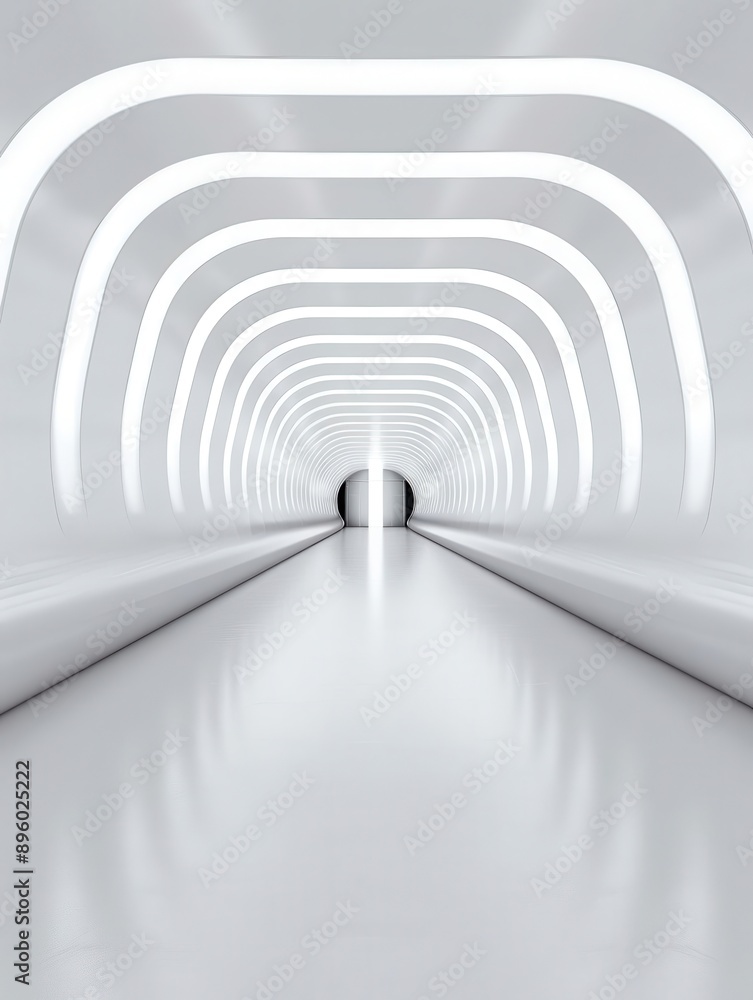 Fototapeta premium A futuristic tunnel with sleek, white walls and illuminated arches, creating a modern and minimalistic atmosphere.