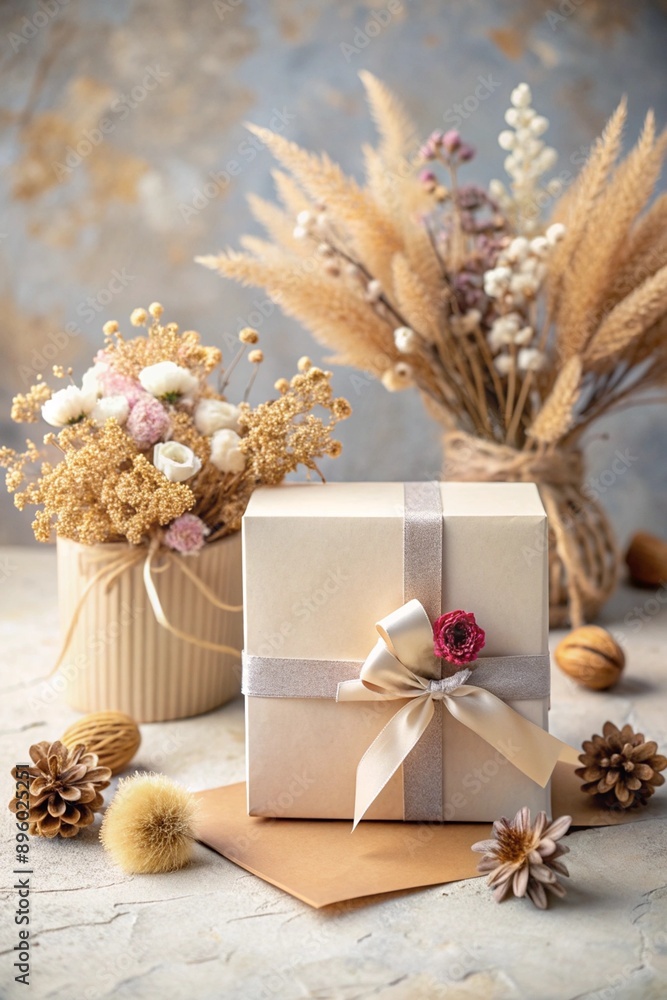 Flat lay greeting card mockup with a gift box and dried flowers Flat lay greeting card mockup with a gift box and dried flowers