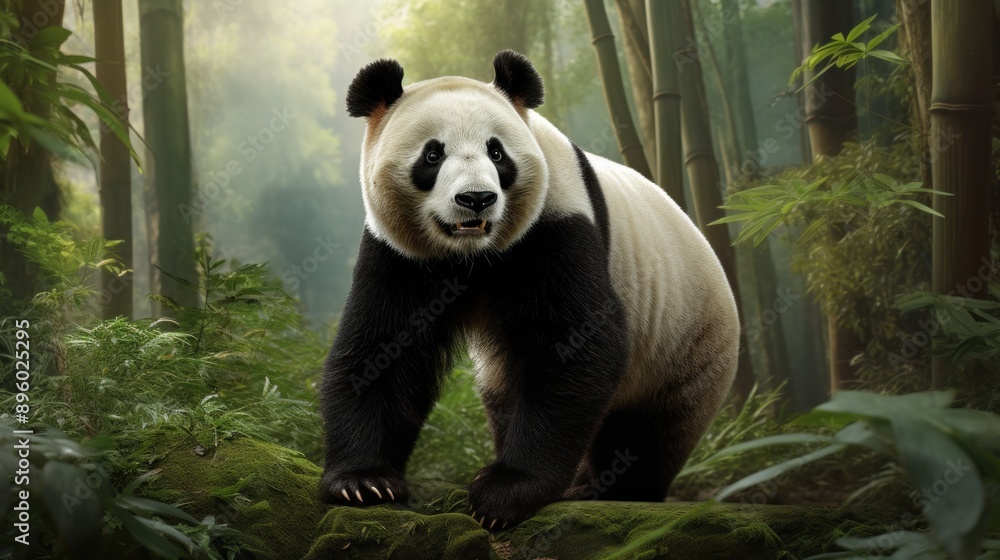 Obraz premium A majestic panda bear standing tall against a backdrop of lush bamboo forests, symbolizing the beauty and resilience of these endangered creatures