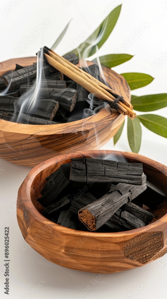 Obraz premium Three wooden bowls filled with different sizes of charcoal pieces. A plume of smoke rises from the bowl on the left