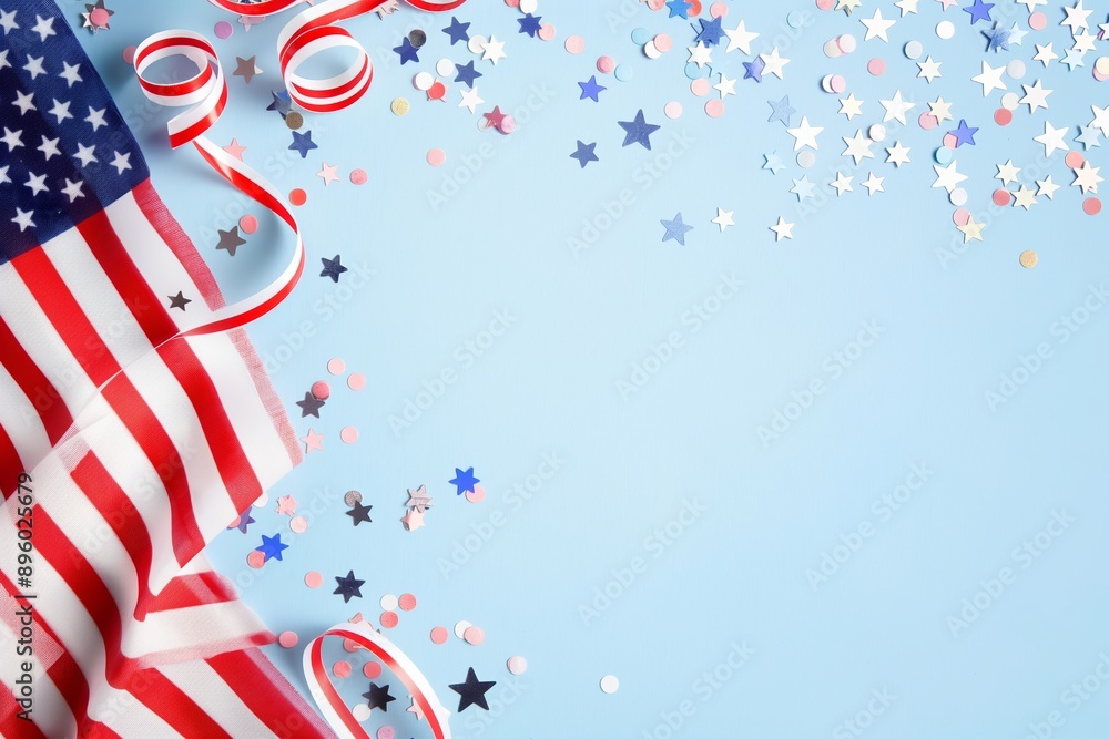 Fototapeta premium Happy Presidents Day banner mockup with American flags, confetti and ribbon. Independence Day, Labor day, Memorial Day