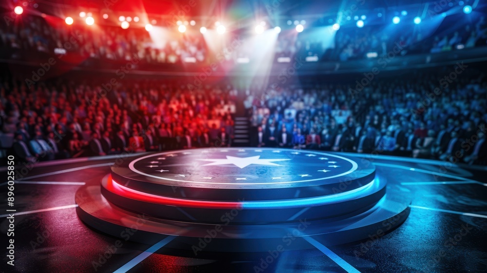 Obraz premium A vibrant stage surrounded by an engaged audience, highlighted by dynamic lighting in red and blue hues, ideal for events.