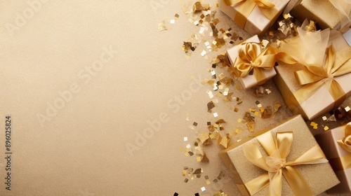 Glitzy Holiday Celebration - Golden Gift Boxes with Shiny Bows and Glitter Ribbons on Sparkling Background © Spear