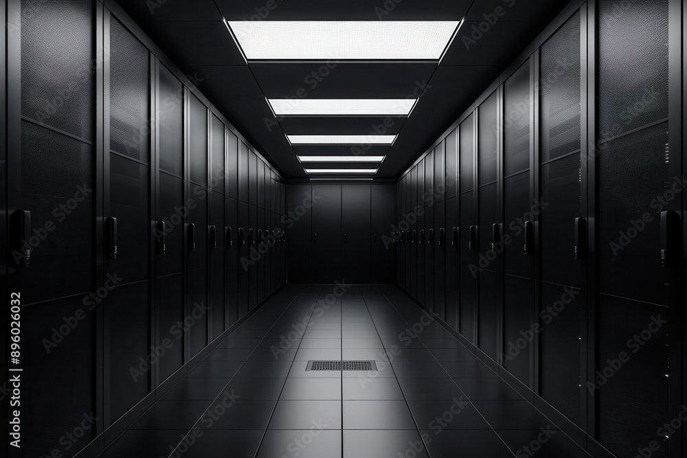A sleek, modern data center corridor, illuminated by bright lights, showcasing rows of black server cabinets. A sleek, modern data center corridor, illuminated by bright lights, showcasing rows of black server cabinets.